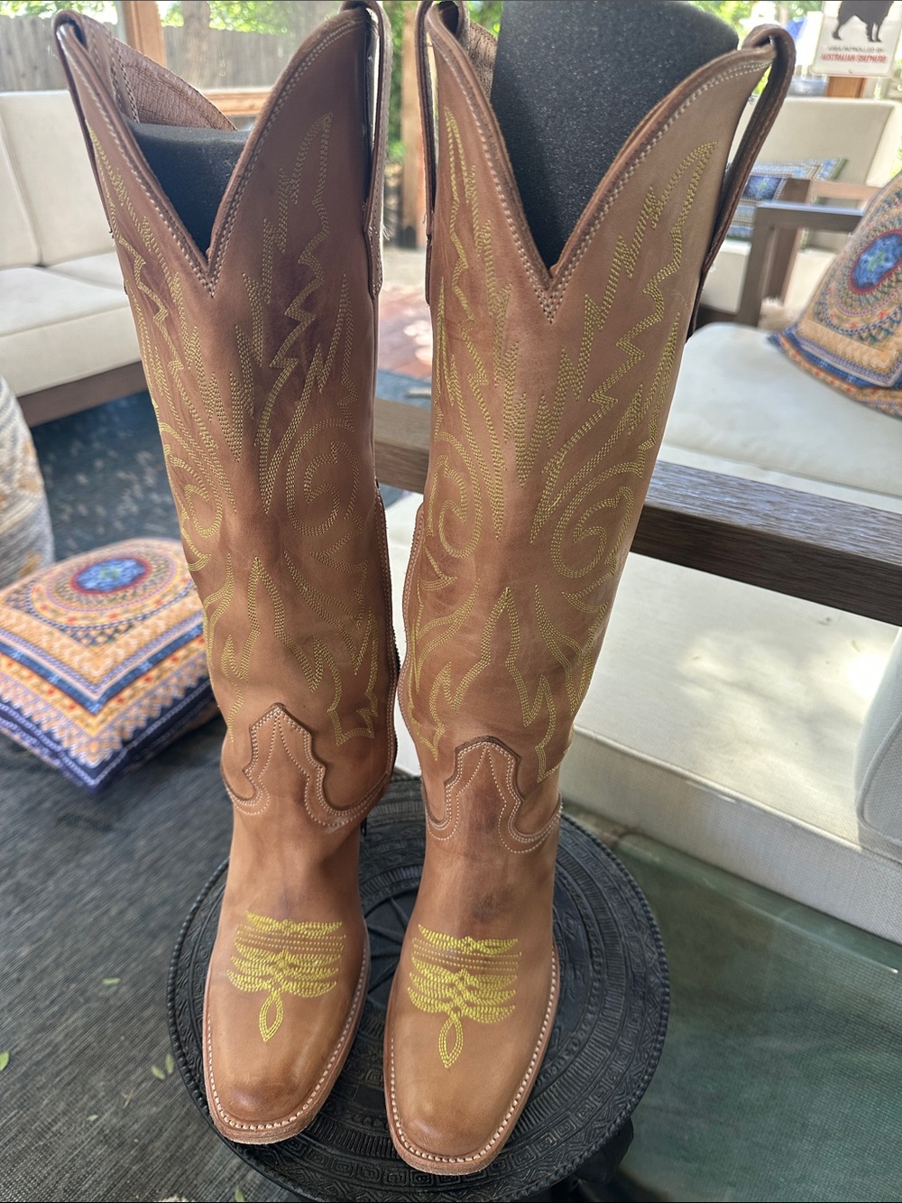 freebird Panama blush with yellow lime stiching Leather Cowboy Boots 7